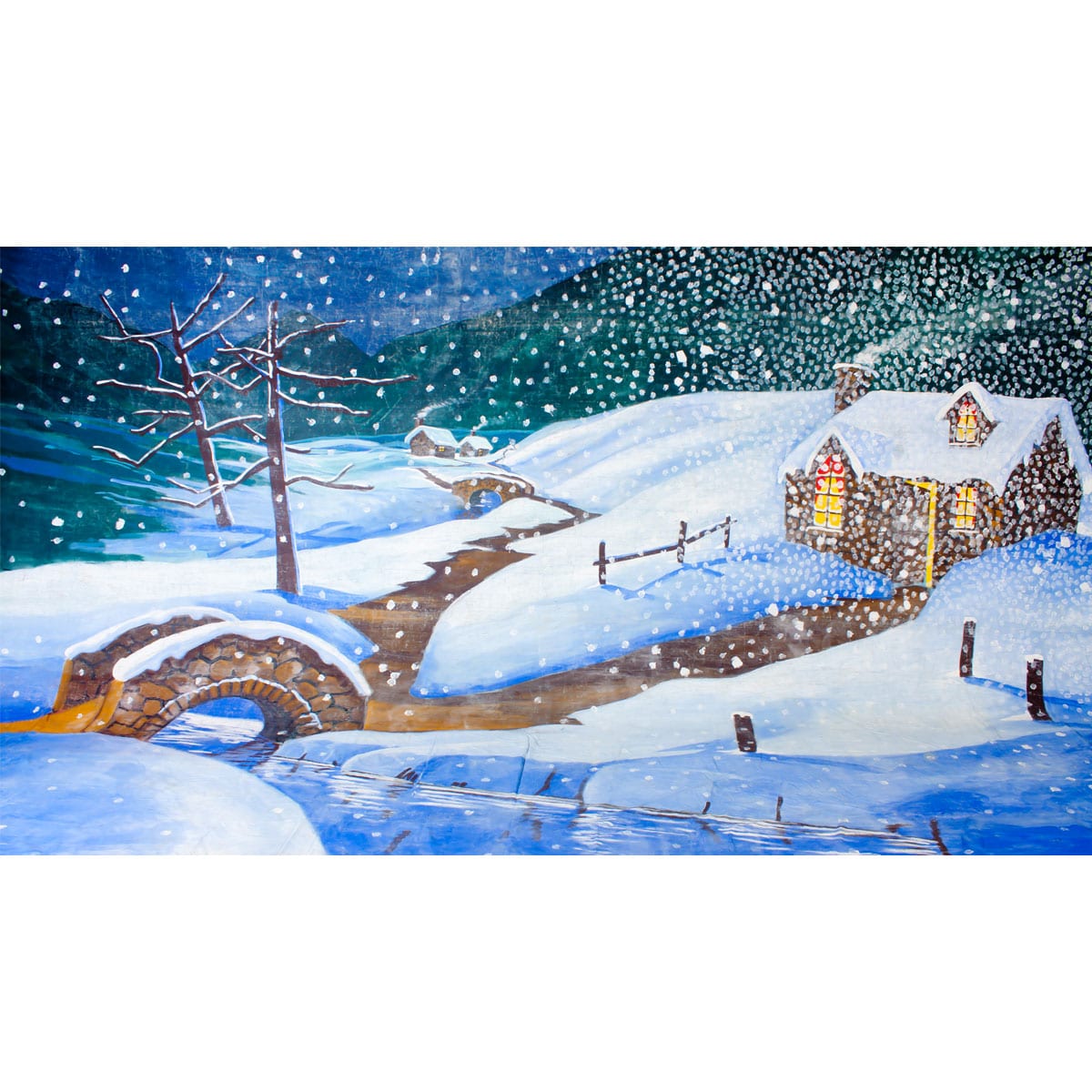 Winter Wonderland Snow Falling on Cottage Painted Backdrop BD-16